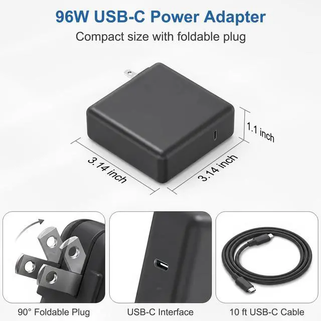 Alt view image 7 of 7 - 10FT Mac Book Pro Air Charger, Long Type C Charging Cable with 96W 87W 61W USB Type C(USB-C) Fast Power Adapter, Compatible with MacBook Air Pro and All USB-C Devices, Black