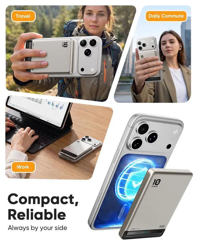 Alt view image 7 of 7 - for Magsafe Portable Charger, 10000mAh Ultra-Slim Wireless Magnetic Power Bank with USB C 20W Fast Charging, Travel Essential for Magsafe Battery Pack Compatible with 17/16/15/14/13/12 Series