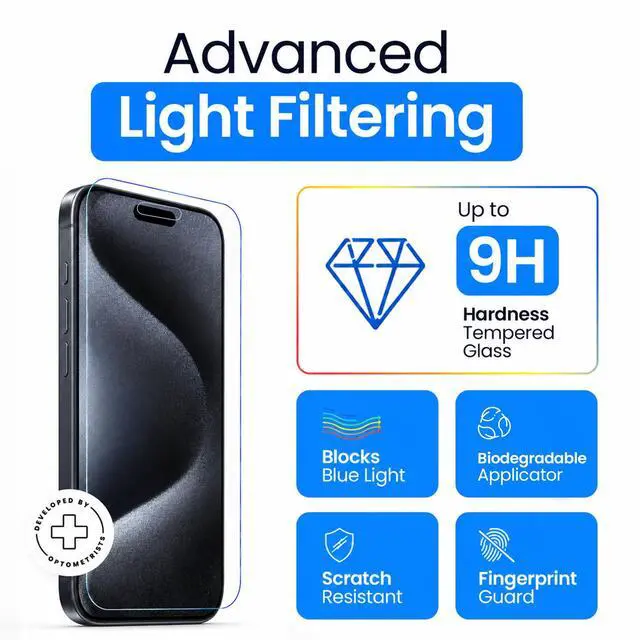 Alt view image 4 of 7 - Anti Blue Light Tempered Glass Screen Protector of for iPhone 15 Pro (6.1") Blocks Blue Light, Prevents Eye Strain & Helps You Sleep Better, 9H Hardness & Case Friendly