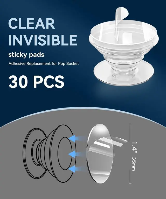 Alt view image 2 of 7 - 30 Pack Super Sticky Adhesive, Clear Invisible Adhesive Replacement for Pop Socket Base, 1.4 Inch Non-Damaging Double Sided Tapes for Phone Collapsible Grip & Stand Back