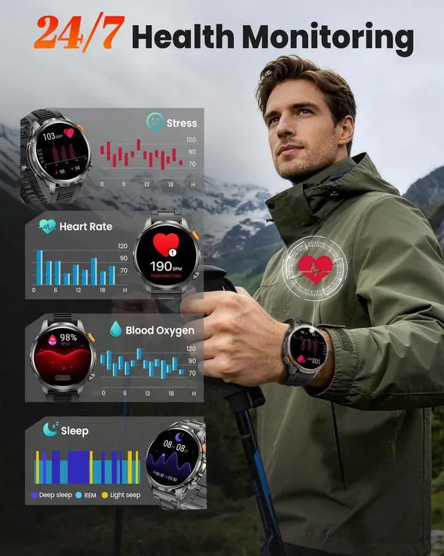 Alt view image 2 of 7 - Smart Watches for Men,1.91''Military Smart Watch with 100+ Sport Modes/Blood Pressure/Heart Rate/Sleep, Fitness Tracker for Android and iPhone, Waterproof Watches for Men(Black)