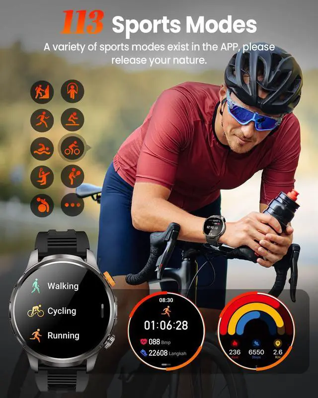 Alt view image 6 of 7 - Smart Watches for Men,1.91''Military Smart Watch with 100+ Sport Modes/Blood Pressure/Heart Rate/Sleep, Fitness Tracker for Android and iPhone, Waterproof Watches for Men(Black)