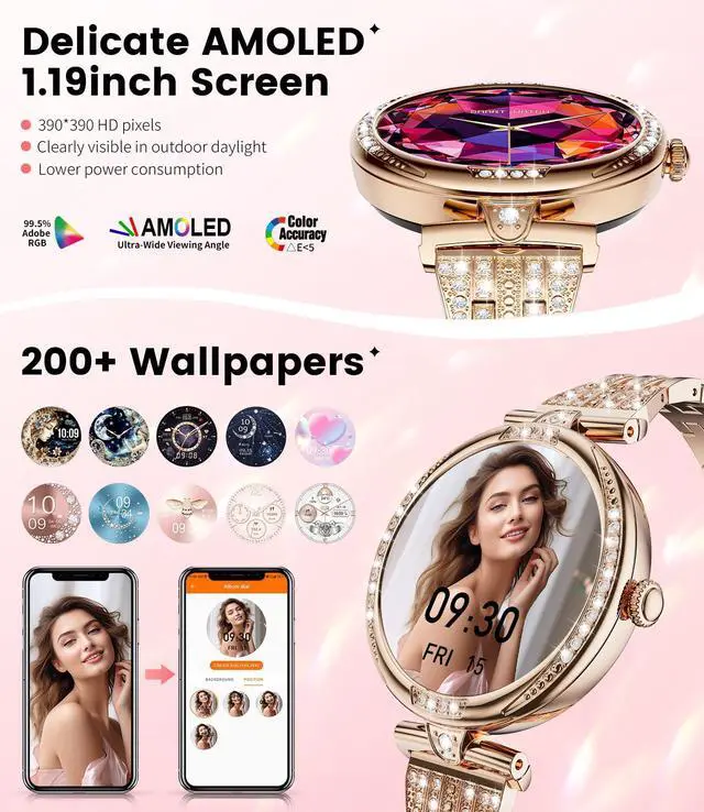 Alt view image 3 of 7 - Smart Watches for Women (Answer/Make Call) with Diamonds1.19 Smartwatch with Heart Rate/SpO2/Sleep Monitor,IP68 Waterproof Fitness Tracker 111 Sport Modes Pedometer for Android iOS,Gold