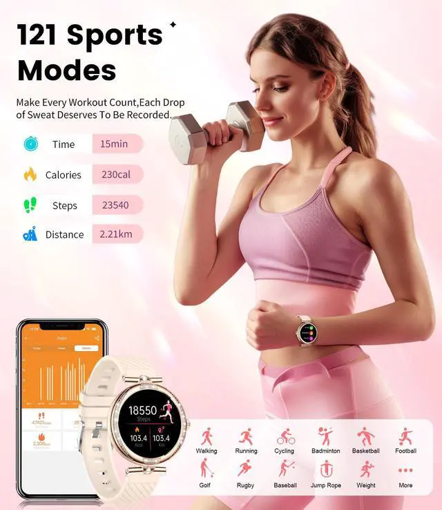 Alt view image 6 of 7 - Smart Watches for Women (Answer/Make Call) with Diamonds1.19 Smartwatch with Heart Rate/SpO2/Sleep Monitor,IP68 Waterproof Fitness Tracker 111 Sport Modes Pedometer for Android iOS,Gold