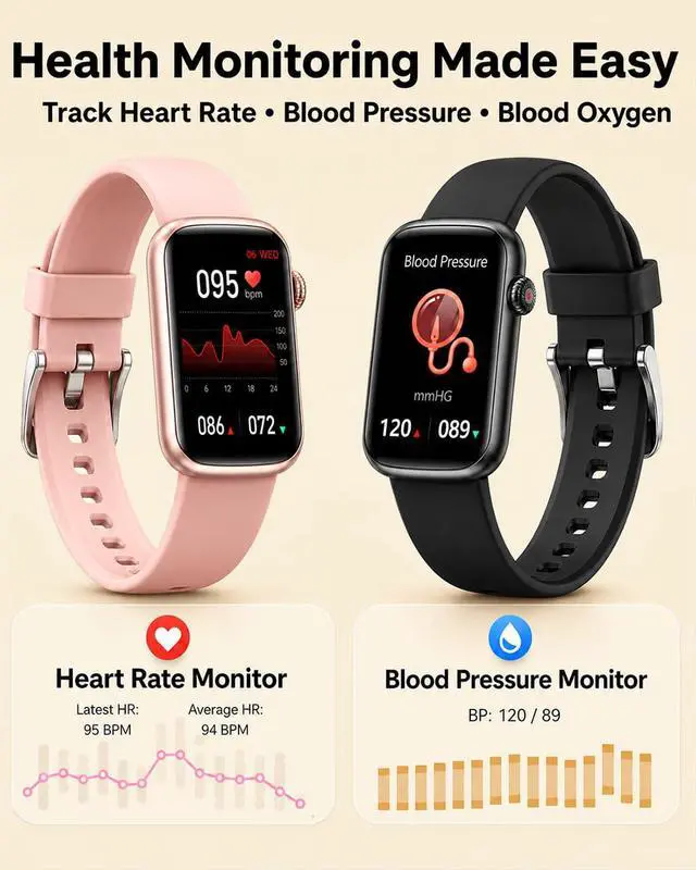 Alt view image 2 of 7 - Health Fitness Tracker, 24/7 Heart Rate Monitor with Blood Pressure, Blood Oxygen, Sleep Tracking, IP68 Waterproof Activity Trackers with Step Counter, Compatible with iOS Android