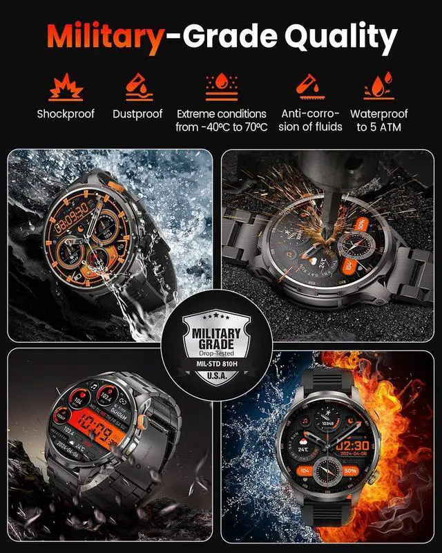 Alt view image 2 of 7 - Smart Watches for Men, Military Smart Watch with 100 Days Battery/Flashlight/Heart Rate/Sleep/SpO2 Monitor/Call/110+ Sports Mode, 5 ATM Rugged Men's Fitness Tracker Watch for Android iPhone Compatible