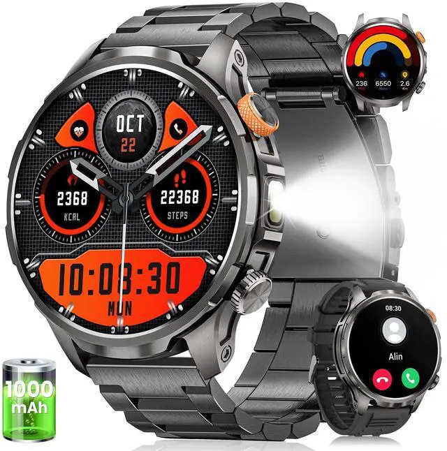 Main image of Smart Watches for Men, Military Smart Watch with 100 Days Battery/Flashlight/Heart Rate/Sleep/SpO2 Monitor/Call/110+ Sports Mode, 5 ATM Rugged Men's Fitness Tracker Watch for Android iPhone Compatible