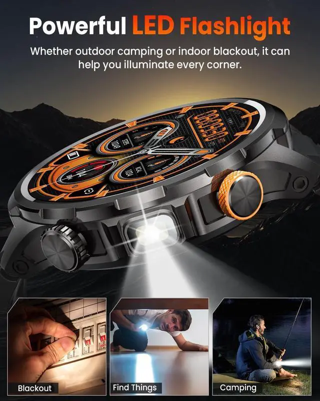 Alt view image 3 of 7 - Smart Watches for Men, Military Smart Watch with 100 Days Battery/Flashlight/Heart Rate/Sleep/SpO2 Monitor/Call/110+ Sports Mode, 5 ATM Rugged Men's Fitness Tracker Watch for Android iPhone Compatible