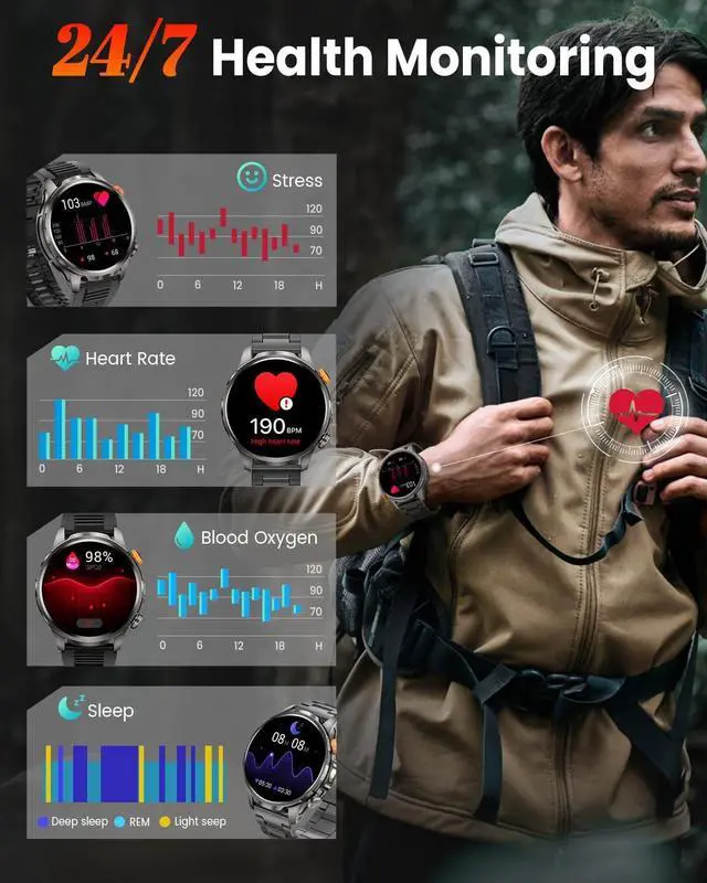 Alt view image 5 of 7 - Smart Watches for Men, Military Smart Watch with 100 Days Battery/Flashlight/Heart Rate/Sleep/SpO2 Monitor/Call/110+ Sports Mode, 5 ATM Rugged Men's Fitness Tracker Watch for Android iPhone Compatible