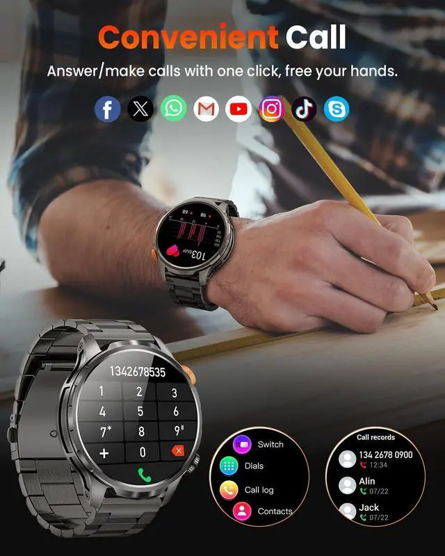 Alt view image 6 of 7 - Smart Watches for Men, Military Smart Watch with 100 Days Battery/Flashlight/Heart Rate/Sleep/SpO2 Monitor/Call/110+ Sports Mode, 5 ATM Rugged Men's Fitness Tracker Watch for Android iPhone Compatible