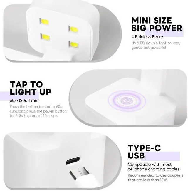 Alt view image 3 of 7 - Mini U V Light for Gel Nails U V Nail Lamp Nail Dryer 2 Timer Modes Fast Curing LED Nail Lamp for Gel Nail Polish Home Salon DIY Gifts for Women