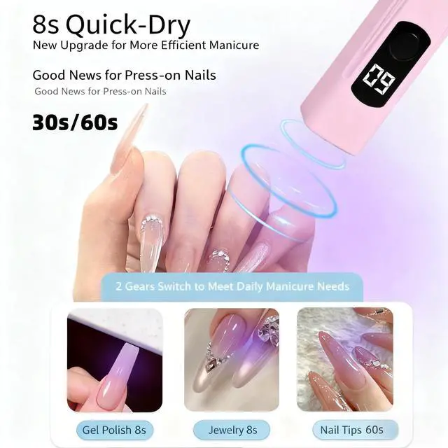 Alt view image 4 of 7 - Handheld UV Light for Gel Nails,60Min Long-Lasting Mini UV Nail Lamp with LED Screen,Cordless LED Nail Dryer for Quick Manicures Portable Fast Cure Lamp for Nail Art,Home and Travel Use
