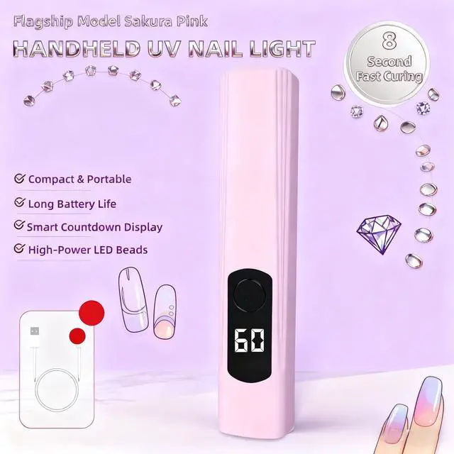 Alt view image 5 of 7 - Handheld UV Light for Gel Nails,60Min Long-Lasting Mini UV Nail Lamp with LED Screen,Cordless LED Nail Dryer for Quick Manicures Portable Fast Cure Lamp for Nail Art,Home and Travel Use
