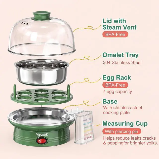 Alt view image 5 of 7 - Electric Egg Cooker for Easter, 7 Egg Capacity with Auto Shut-Off, Spring Green Hard Boiled Egg Maker, Ideal Easter Gift for Egg Decorating, Includes Measuring Cup