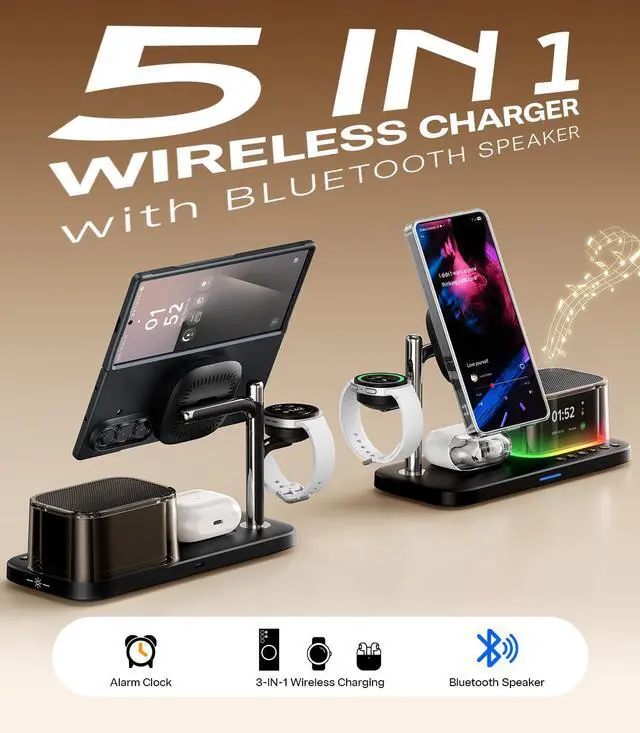 Alt view image 2 of 7 - 25W 5 in 1 Charging Station for Galaxy S26 Ultra with Bluetooth Speaker/Alarm Clock/Night Light, Qi2.2 Fast Magnetic Wireless Charger with 45W Adapter for S26/Z Fold7, for Galaxy Watch 8/Buds