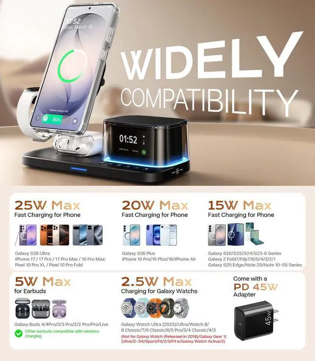 Alt view image 3 of 7 - 25W 5 in 1 Charging Station for Galaxy S26 Ultra with Bluetooth Speaker/Alarm Clock/Night Light, Qi2.2 Fast Magnetic Wireless Charger with 45W Adapter for S26/Z Fold7, for Galaxy Watch 8/Buds