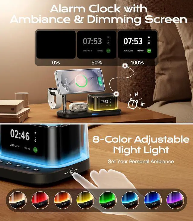 Alt view image 4 of 7 - 25W 5 in 1 Charging Station for Galaxy S26 Ultra with Bluetooth Speaker/Alarm Clock/Night Light, Qi2.2 Fast Magnetic Wireless Charger with 45W Adapter for S26/Z Fold7, for Galaxy Watch 8/Buds