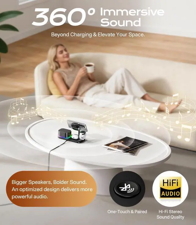 Alt view image 7 of 7 - 25W 5 in 1 Charging Station for Galaxy S26 Ultra with Bluetooth Speaker/Alarm Clock/Night Light, Qi2.2 Fast Magnetic Wireless Charger with 45W Adapter for S26/Z Fold7, for Galaxy Watch 8/Buds