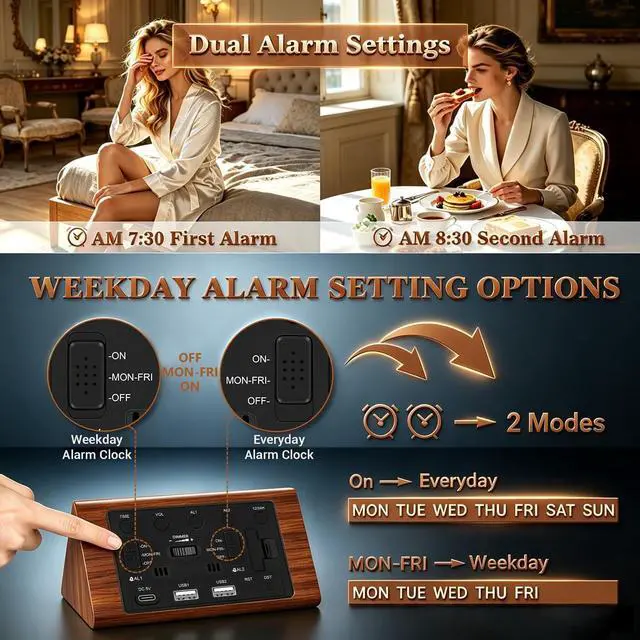 Alt view image 6 of 7 - Premium Wooden Digital Alarm Clock with USB Charging Ports, Dimmable LED Display, Date, Day of Week, Temperature, DST, Clocks for Bedrooms, Desk, Nightstand, Bedside, Table, Office, Living Room Decor