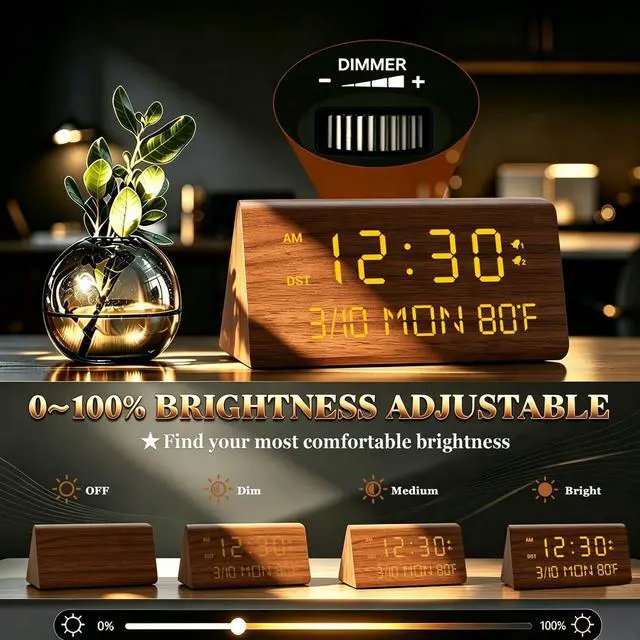 Alt view image 4 of 7 - Premium Wooden Digital Alarm Clock with USB Charging Ports, Dimmable LED Display, Date, Day of Week, Temperature, DST, Clocks for Bedrooms, Desk, Nightstand, Bedside, Table, Office, Living Room Decor