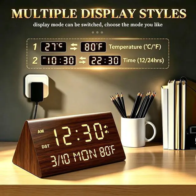 Alt view image 7 of 7 - Premium Wooden Digital Alarm Clock with USB Charging Ports, Dimmable LED Display, Date, Day of Week, Temperature, DST, Clocks for Bedrooms, Desk, Nightstand, Bedside, Table, Office, Living Room Decor