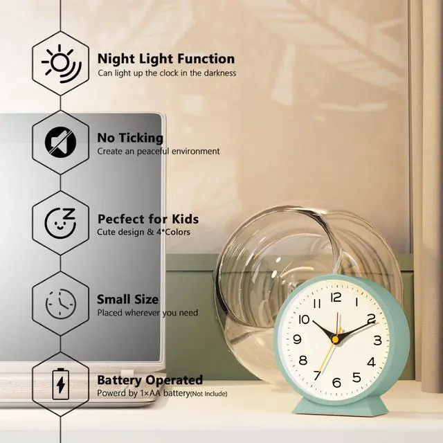 Alt view image 2 of 7 - 4.5" Analog Alarm Clock, Small Retro Desk Clock and Table Clock