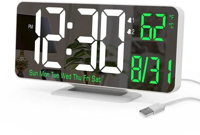 Main image of Alarm Clock for Bedroom, 6.7" Led Desk Digital Clock,Mirror Clock,Dual Alarm Clock for Living Room with Seconds,Date,Week,12/24h,Dimming,Temp