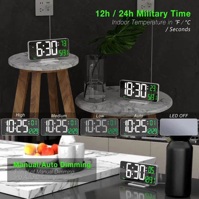 Alt view image 3 of 6 - Alarm Clock for Bedroom, 6.7" Led Desk Digital Clock,Mirror Clock,Dual Alarm Clock for Living Room with Seconds,Date,Week,12/24h,Dimming,Temp