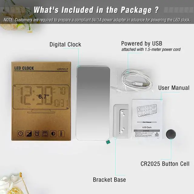 Alt view image 4 of 6 - Alarm Clock for Bedroom, 6.7" Led Desk Digital Clock,Mirror Clock,Dual Alarm Clock for Living Room with Seconds,Date,Week,12/24h,Dimming,Temp