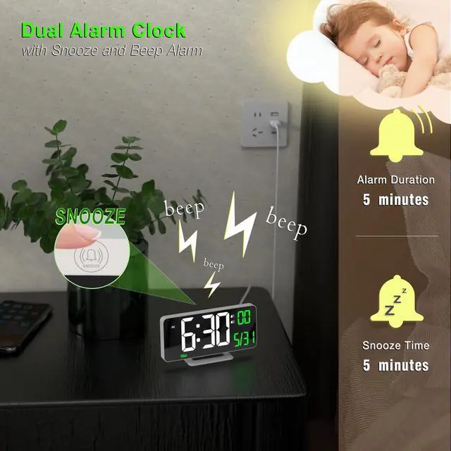 Alt view image 5 of 6 - Alarm Clock for Bedroom, 6.7" Led Desk Digital Clock,Mirror Clock,Dual Alarm Clock for Living Room with Seconds,Date,Week,12/24h,Dimming,Temp