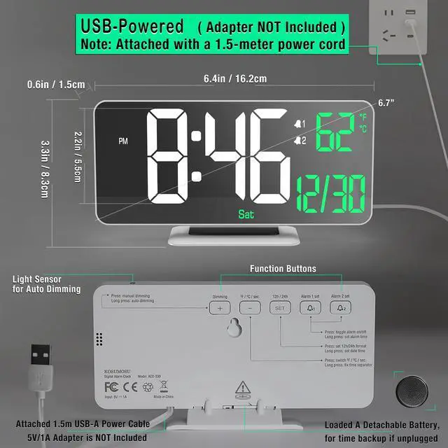 Alt view image 6 of 6 - Alarm Clock for Bedroom, 6.7" Led Desk Digital Clock,Mirror Clock,Dual Alarm Clock for Living Room with Seconds,Date,Week,12/24h,Dimming,Temp