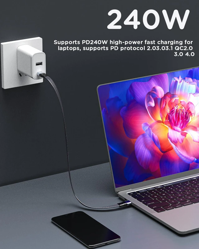 Alt view image 2 of 7 - Short USB C Cable Flat 20CM/8inch, Thunderbolt 4 USB 4 Cable,TYPE-C C to C cable with 40Gbps Data Transfer 240W PD Fast Charging 8K@60Hz, Compatible for iPhone 15 Pro Max, External SSD, MacBookIpad