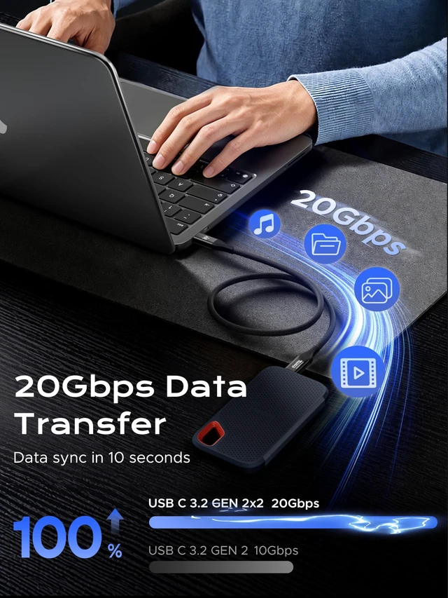 Alt view image 3 of 7 - USB C Monitor Cable 3.3FT, 4K@144Hz USBC 3.2 Gen 2X2 Display Cable | 8K@30Hz Video Output, 20Gbps Data Transfer, 240W PD Charging Braided Type C Fit for iPhone 17, MacBook, SSD, Portable Monitor