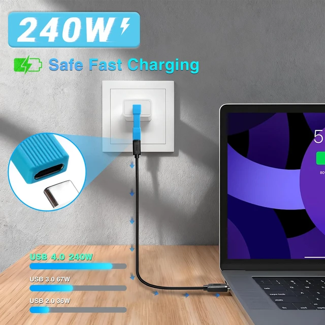 Alt view image 5 of 7 - 80Gbps Short USB C Male to Female Cable 2inch, 204W PD Fast Charging /8K@60Hz, 90 Degree USB C Extendsion Cable for Thunderbolt 4/3, Laptops, iPhone 16 15 Pro Max, Power Bank.Blue-2Pack