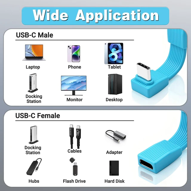 Alt view image 7 of 7 - 80Gbps Short USB C Male to Female Cable 2inch, 204W PD Fast Charging /8K@60Hz, 90 Degree USB C Extendsion Cable for Thunderbolt 4/3, Laptops, iPhone 16 15 Pro Max, Power Bank.Blue-2Pack