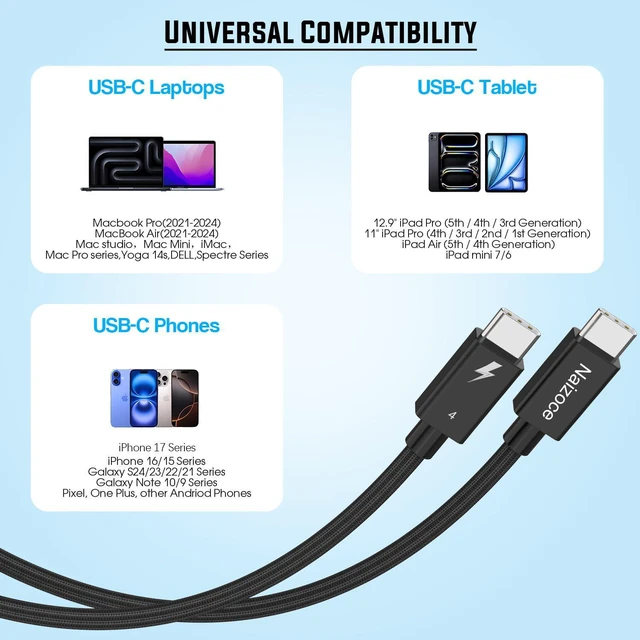 Alt view image 7 of 7 - 240W Thunderbolt 4 Cable for USB4,6.6FT USB 4 Cable 40Gbps Data Transfer,8K/4K HD Display,USB C to C Braided Data Cable Fast Charging & Data Sync for Thunderbolt 3,MacBook Pro/Air,iPhone 17/16/15,iPad