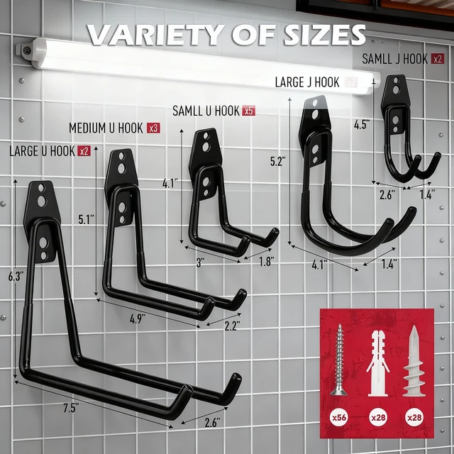 Alt view image 2 of 7 - 20 Pack Heavy Duty Garage Storage Hooks with Extension Cord Organizer, Solid Steel Wall Mount Hook Set with Anti-Slip Coating Utility J Hooks for Ladders,Bikes,Ropes,Broom,Garden,Yard and Power Tools