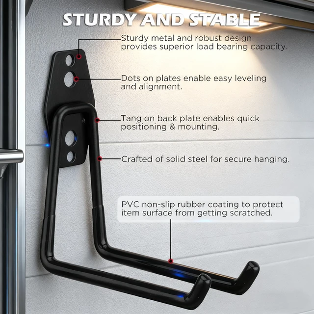 Alt view image 3 of 7 - 20 Pack Heavy Duty Garage Storage Hooks with Extension Cord Organizer, Solid Steel Wall Mount Hook Set with Anti-Slip Coating Utility J Hooks for Ladders,Bikes,Ropes,Broom,Garden,Yard and Power Tools