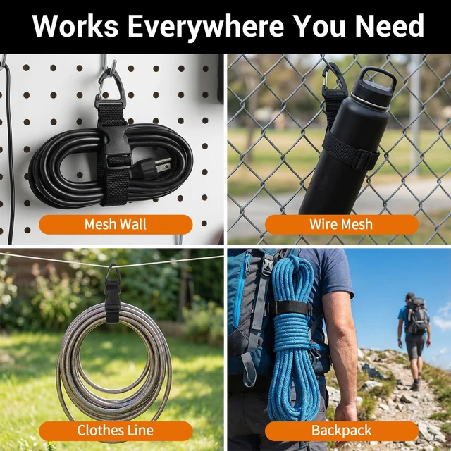 Alt view image 7 of 7 - 24 Pack Heavy Duty Adjustable Extension Cord Holder Organizer with Triangle Clips 17-Inch Cord Storage Straps for Garage, Workshop, Home Organization and Storage, Black