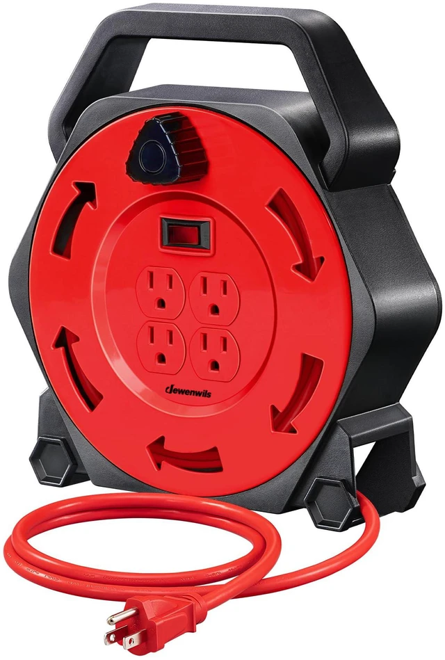 Main image of 25FT Extension Cord Reel, Hand Wind Retractable Cord Reel | 16/3 SJTW Power Cord, 4 Grounded Outlets, 13 Amp Circuit Breaker, Ideal for Workshop, Outdoor, Red, UL Listed