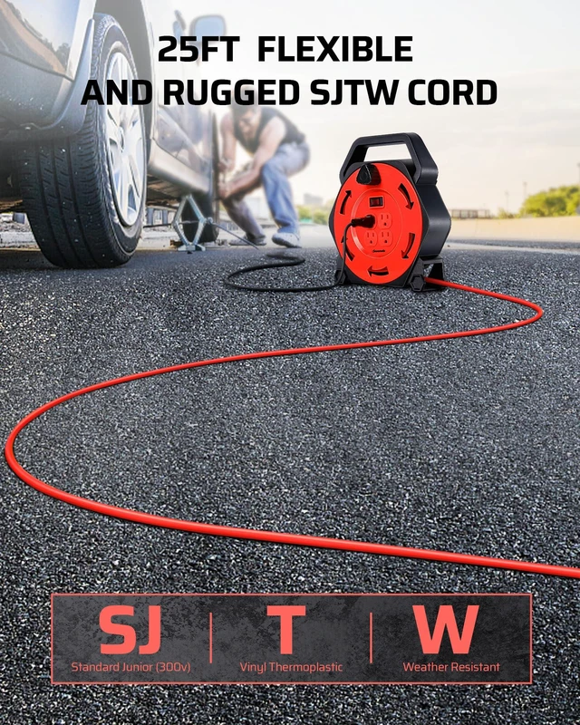 Alt view image 2 of 6 - 25FT Extension Cord Reel, Hand Wind Retractable Cord Reel | 16/3 SJTW Power Cord, 4 Grounded Outlets, 13 Amp Circuit Breaker, Ideal for Workshop, Outdoor, Red, UL Listed