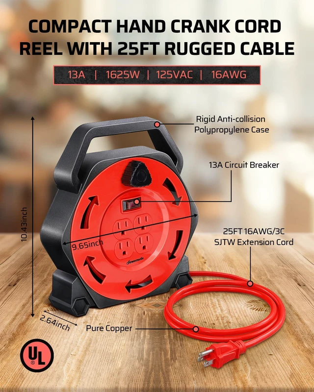 Alt view image 3 of 6 - 25FT Extension Cord Reel, Hand Wind Retractable Cord Reel | 16/3 SJTW Power Cord, 4 Grounded Outlets, 13 Amp Circuit Breaker, Ideal for Workshop, Outdoor, Red, UL Listed