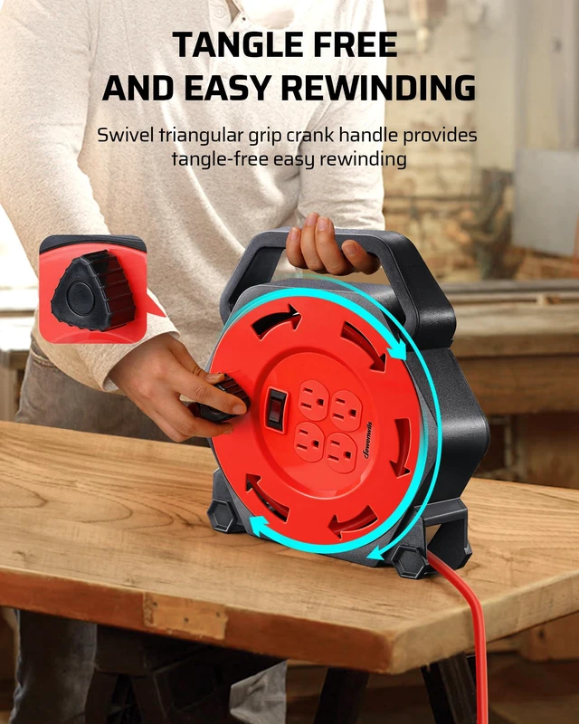 Alt view image 5 of 6 - 25FT Extension Cord Reel, Hand Wind Retractable Cord Reel | 16/3 SJTW Power Cord, 4 Grounded Outlets, 13 Amp Circuit Breaker, Ideal for Workshop, Outdoor, Red, UL Listed