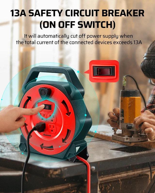 Alt view image 6 of 6 - 25FT Extension Cord Reel, Hand Wind Retractable Cord Reel | 16/3 SJTW Power Cord, 4 Grounded Outlets, 13 Amp Circuit Breaker, Ideal for Workshop, Outdoor, Red, UL Listed