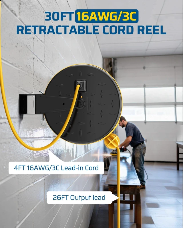 Alt view image 2 of 7 - Retractable Extension Cord Reel, Metal Reel with 30FT Power Cord | Ceiling or Wall Mount, 16/3 Gauge SJTW, 3 Electrical Outlets Pigtail for Garage and Shop, 10 Amp Circuit Breaker, UL Listed