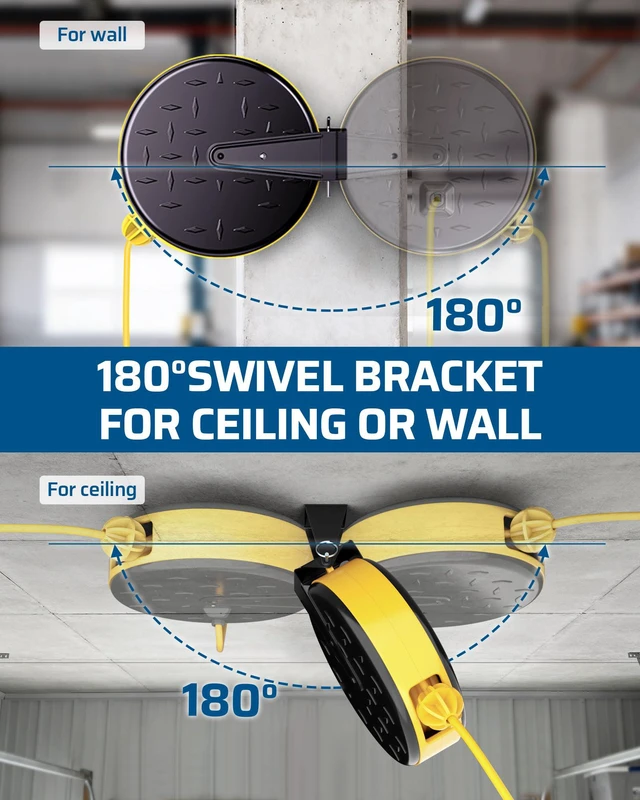 Alt view image 4 of 7 - Retractable Extension Cord Reel, Metal Reel with 30FT Power Cord | Ceiling or Wall Mount, 16/3 Gauge SJTW, 3 Electrical Outlets Pigtail for Garage and Shop, 10 Amp Circuit Breaker, UL Listed