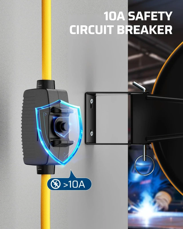 Alt view image 7 of 7 - Retractable Extension Cord Reel, Metal Reel with 30FT Power Cord | Ceiling or Wall Mount, 16/3 Gauge SJTW, 3 Electrical Outlets Pigtail for Garage and Shop, 10 Amp Circuit Breaker, UL Listed