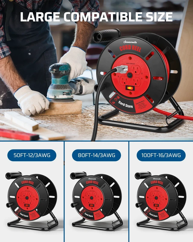Alt view image 5 of 7 - Extension Cord Storage Reel, Hand Wind Retractable Open Cord Reel | 4-Grounded Outlets, Heavy Duty for 12/3, 14/3, 16/3 Gauge Power Cord, 15A Circuit Breaker, Rocker Power Switch, Orange