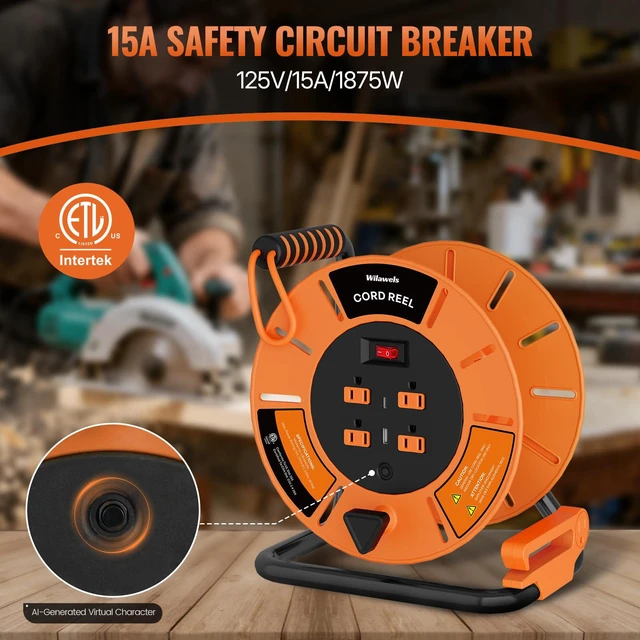 Alt view image 3 of 7 - Extension Cord Storage Reel with 4-Grounded Outlet & 2 USB Port, 15A Circuit Breaker, Heavy Duty Open Cord Reel for 12/3,14/3 Gauge Power Cord, Hand Wind Retractable,ETL Listed Orange G85CR06