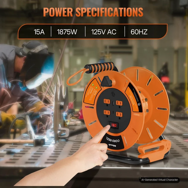 Alt view image 4 of 7 - Extension Cord Storage Reel with 4-Grounded Outlet & 2 USB Port, 15A Circuit Breaker, Heavy Duty Open Cord Reel for 12/3,14/3 Gauge Power Cord, Hand Wind Retractable,ETL Listed Orange G85CR06
